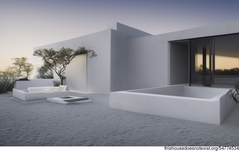 A Modern Tribal Minimalist House in Riyadh, Saudi Arabia with an Exposed Polished Bejuca Vines and White Marble Bamboo with a Fireplace and Steaming Hot Spring Outside with a View of Riyadh, Saudi Arabia in the Background