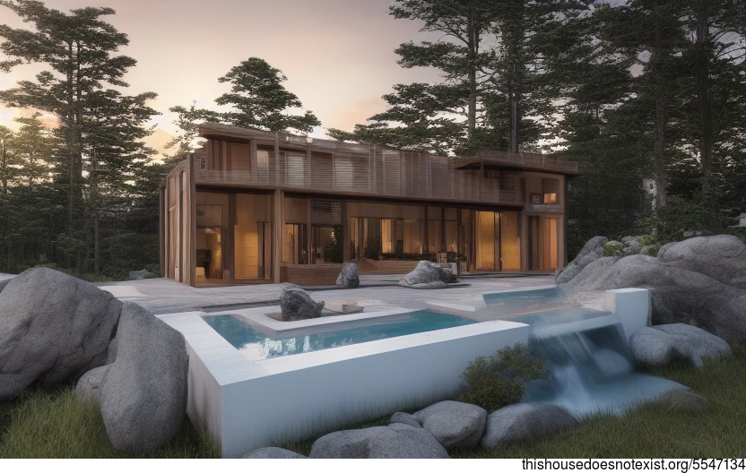 A Modern Home with Exposed Timber, Glass, and Rocks, with a Steaming Hot Jacuzzi Outside