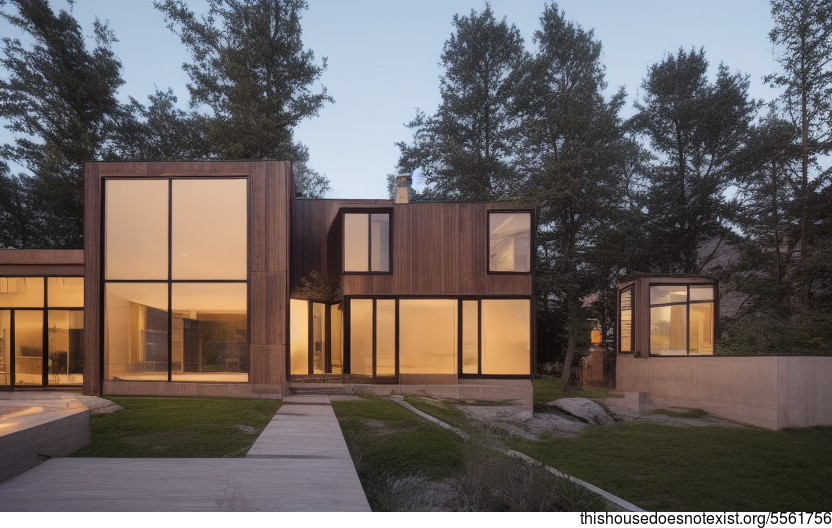 A modern architecture home with an exposed wood frame, glass walls, and stone exterior, designed for enjoying the sunset from the pool