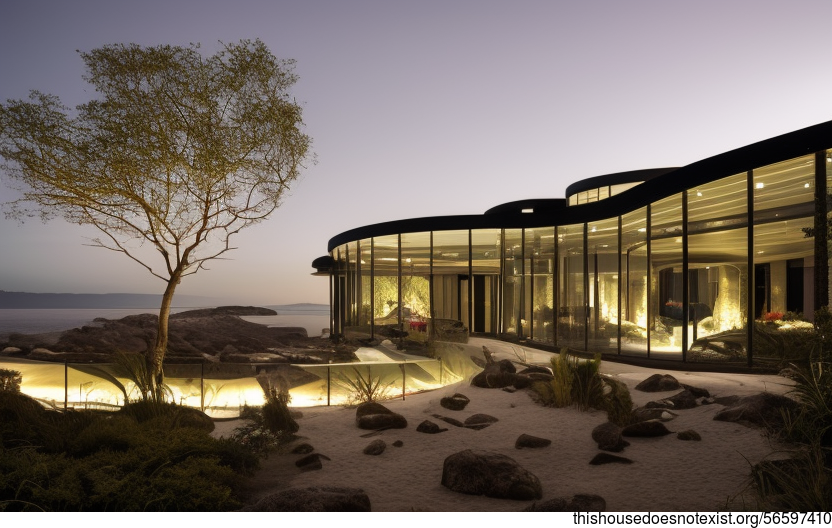 A Curved Glass Home with Hanging Plants and an Infinity Pool