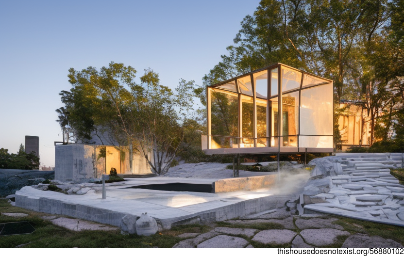 A look at the exterior of a modern, maximalist home designed for enjoying the best of beach living – complete with sunrise views, a steaming hot spring, and framed canvas walls for taking in the view