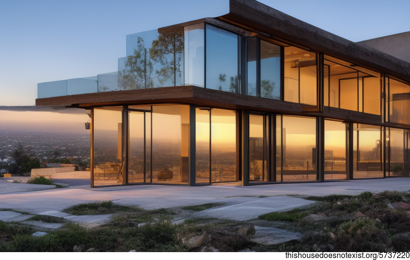 A modern home that's designed with glass, stone, and exposed timber, and that overlooks a beautiful sunrise