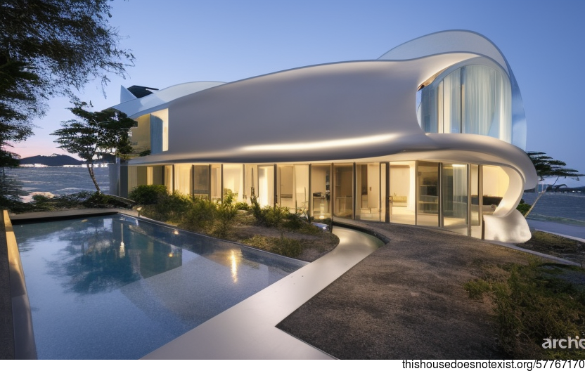 A Modern House on the Beach in Tokyo with Exposed Curved Glass and Meandering Vines