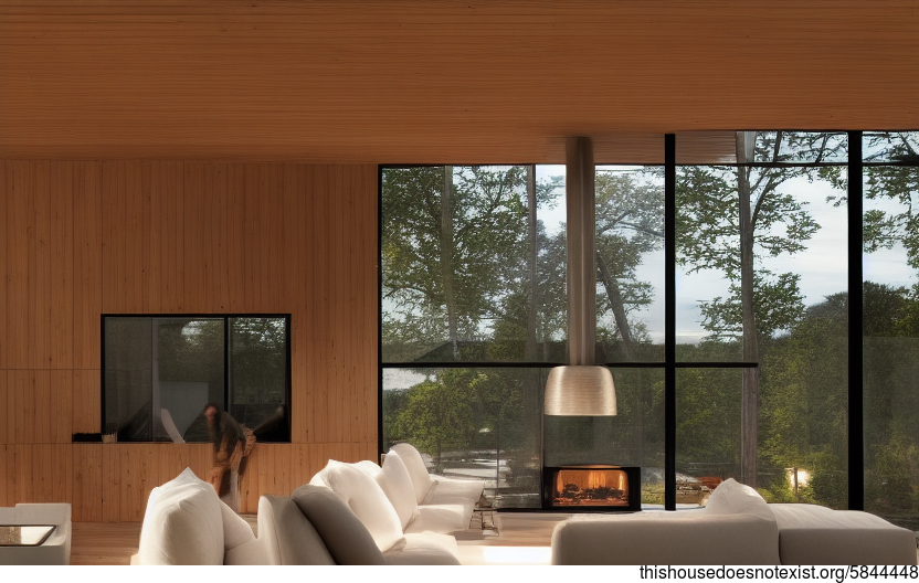 A modern architecture home with stunning sunset views, exposed wood beams, and a glass-enclosed fireplace