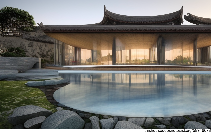 A Modern Beach House in Shanghai with an Infinity Pool and a View of the Traditional Chinese Cityscape