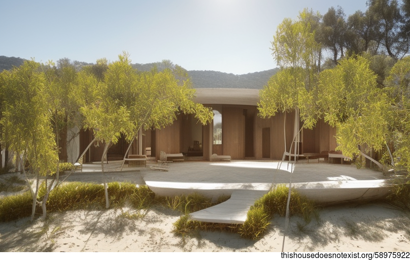 Beach House Exterior with Exposed Circular Bejuca and Meandering Vines