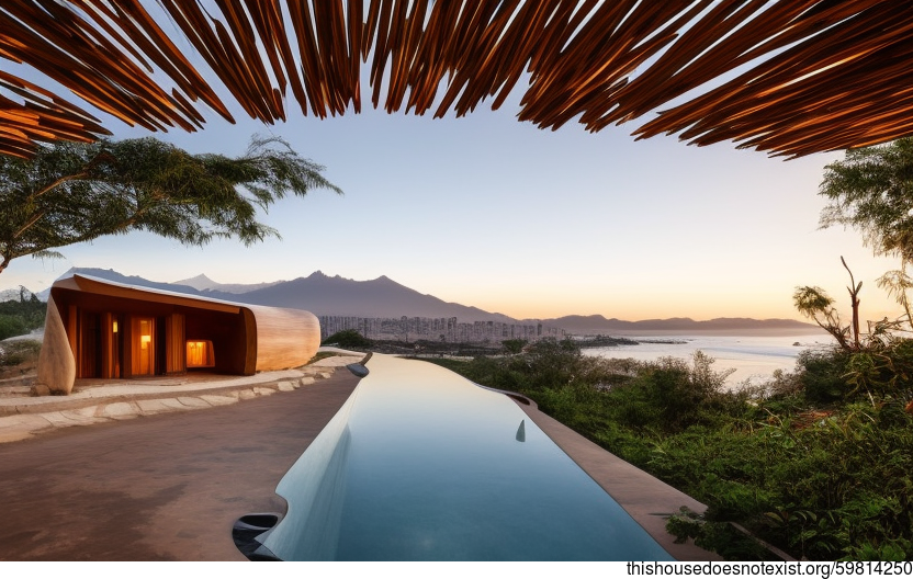 A Modern, Exposed, Curved Garden With Bamboo, Timber, and Stone Elements With a Fireplace and Infinity Pool With a View of Santiago, Chile in the Background