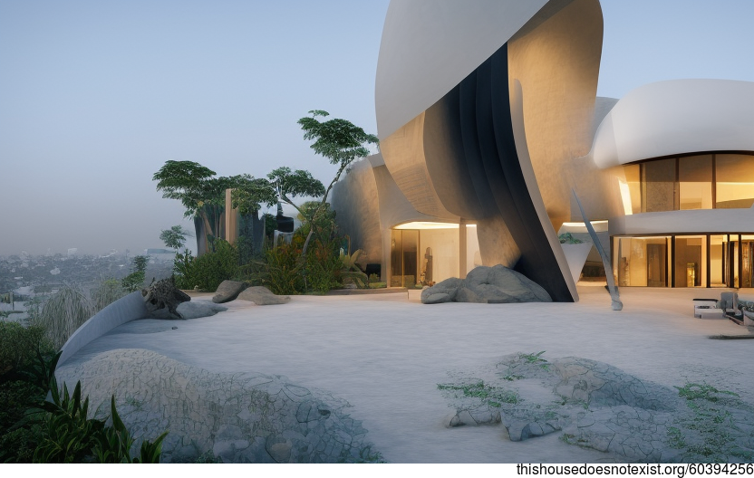 A Modern Architecture Home With Exposed Curved Bamboo and Black Stone on the Beach at Sunrise in Jakarta, Indonesia