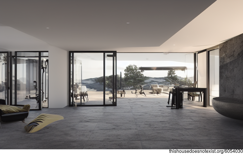 A modern architecture home designed with an exposed black stone exterior, fitness gym and cosy interior vibe