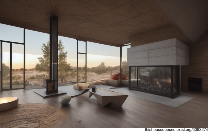 A modern architecture home with a stunning sunset view, designed to expose the natural beauty of wood and concrete