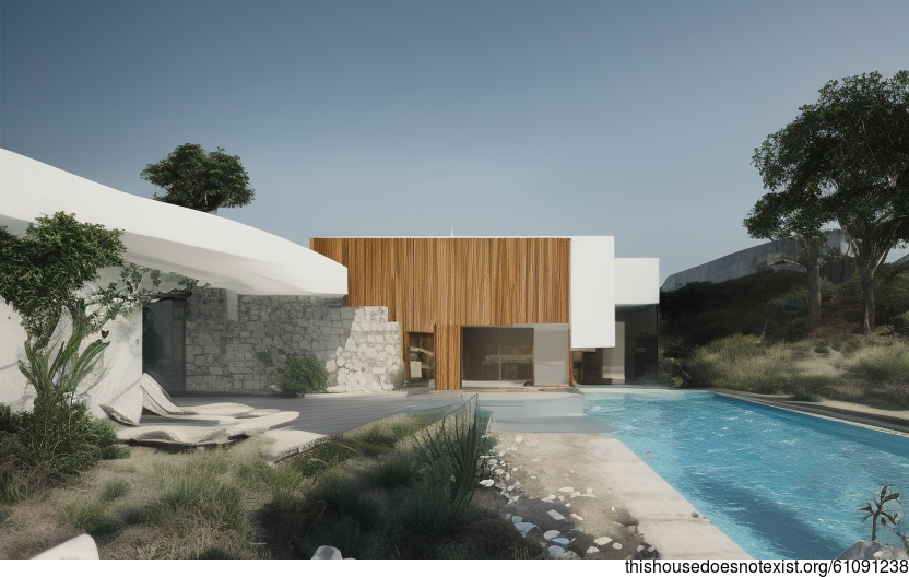 Modern Architecture Home With Exposed Rectangular Bamboo, Rocks, and Infinity Pool With View of Lisbon, Portugal in the Background
