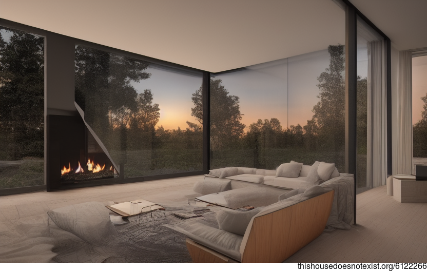 The ultimate modern architecture home with sunset views, an exposed wood and glass interior, and a fireplace