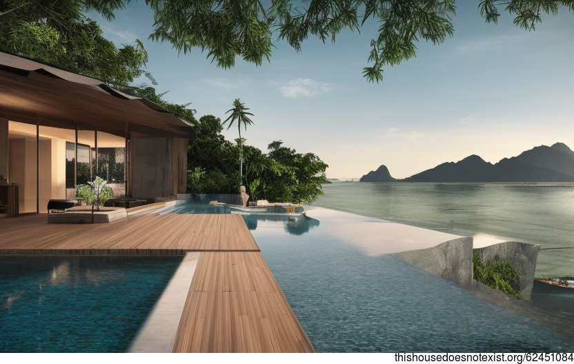 A Modern Home with an Exposed, Polished Bamboo Exterior and an Infinity Pool with a View of Kuala Lumpur in the Background