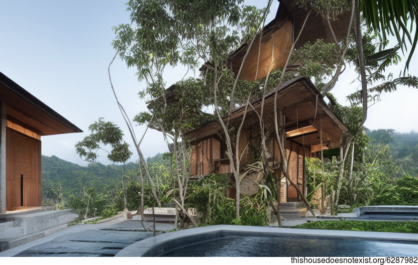 A modern Balinese home with exposed wood and curved bamboo exterior