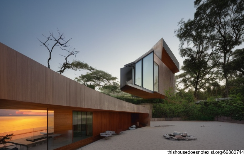 A Modern Beach House with an Exposed Wood Exterior and a View of the China Sea