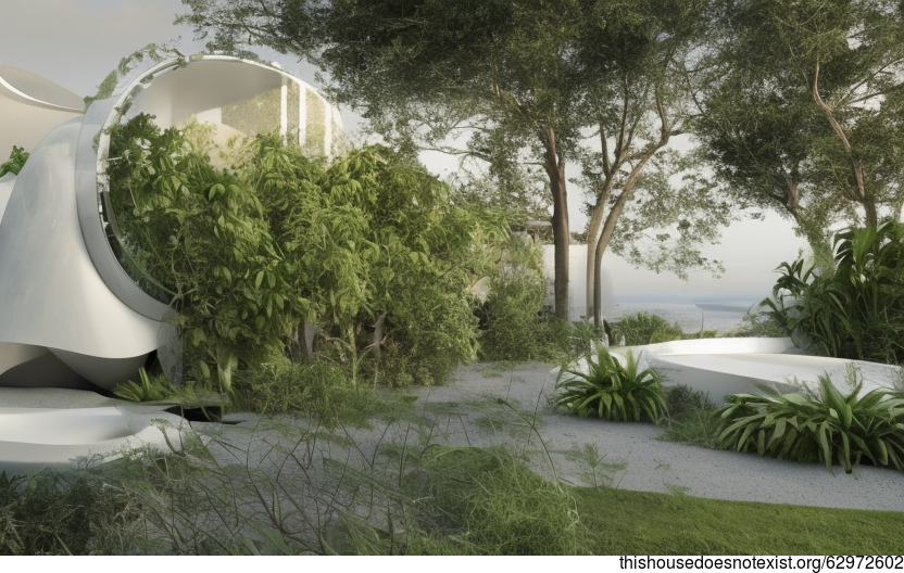 A modern garden designed for the ultimate relaxation experience, with hanging plants, a steaming hot jacuzzi, and a breathtaking view of Madrid, Spain in the background