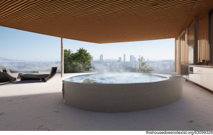 A Modern, Sustainable, and Eco-Friendly Home with an Exposed Circular Bejuca Wood and Bamboo Glass Exterior and a Steaming Hot Jacuzzi with a View of Madrid, Spain in the Background