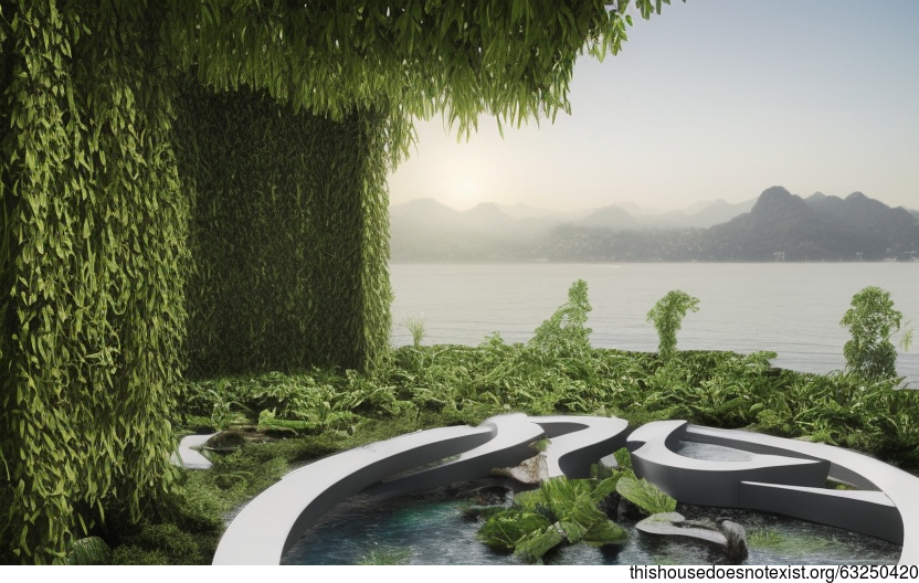 Tribal Garden Exterior With Hanging Plants and Steaming Hot Jacuzzi Outside