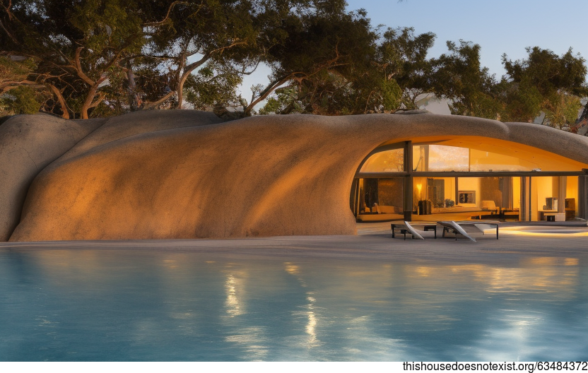 Eco-friendly house exterior with infinity pool and view of Los Angeles sunset