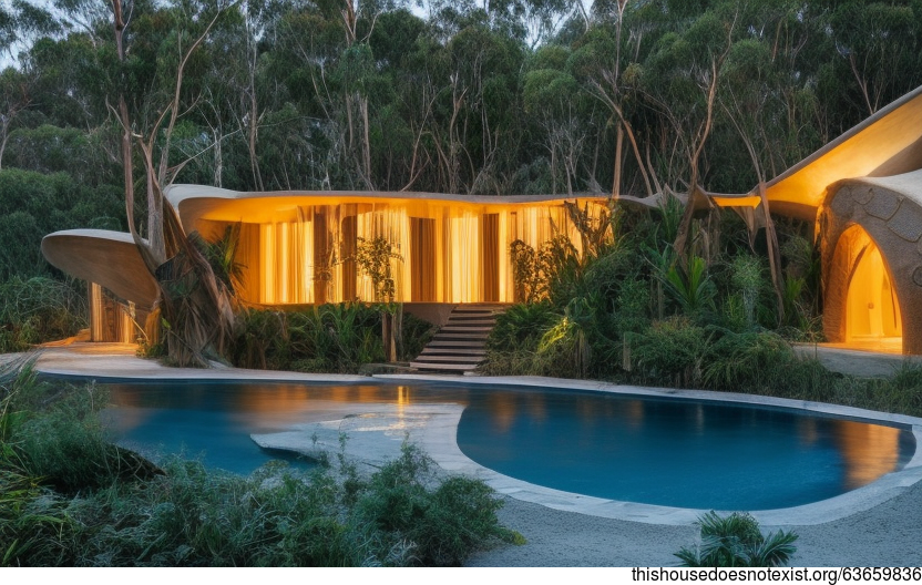 A Modern Architecture Home with an Exposed Curved Stone Exterior and an Infinity Pool