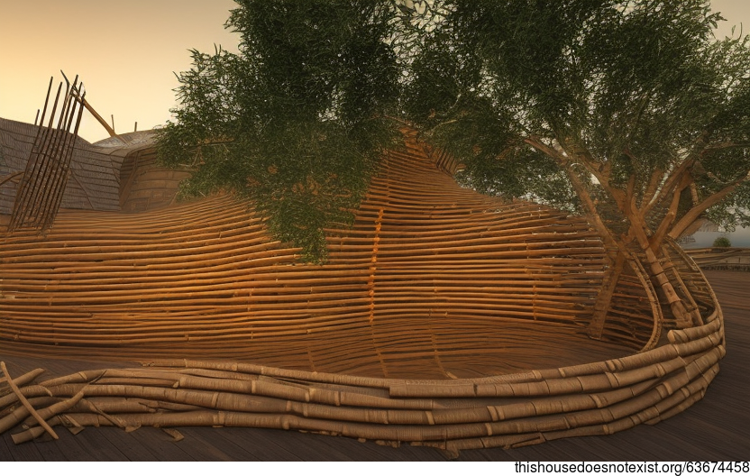 A Modern Home With an Exposed, Curved Bamboo Exterior and Steaming Hot Spring Outside