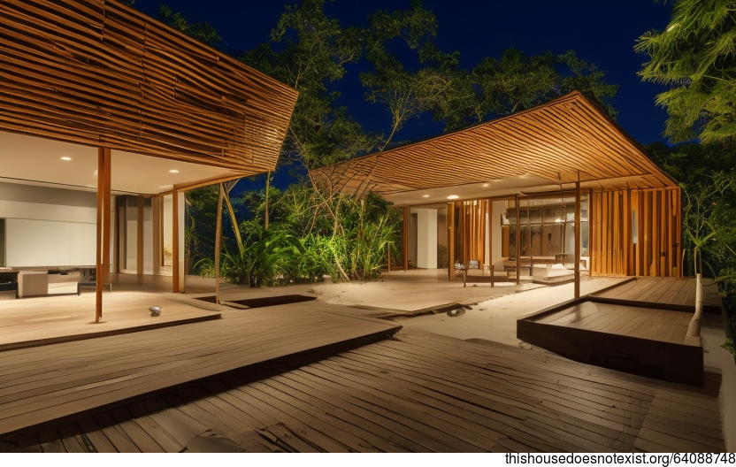 A Modern Architecture Home with an Exposed Rectangular Bamboo Fireplace and a View of Bangkok, Thailand in the Background