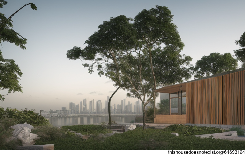 Eco-friendly House With Exposed Rectangular Wood And Glass With Hanging Plants And Steaming Hot Jacuzzi With View Of Guangzhou, China In The Background