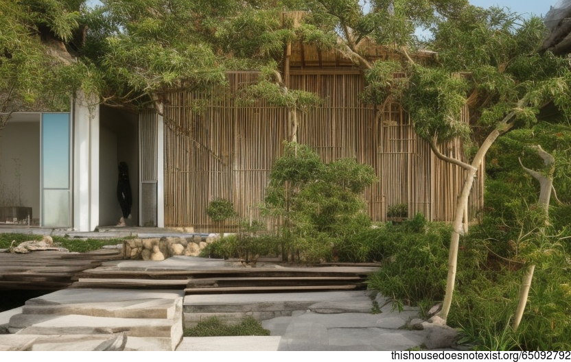 A Modern Architecture Home with Exposed Curved Rocks, Bamboo, and Bejuca Vines