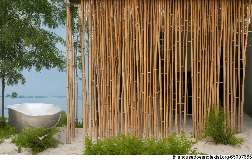 Eco-friendly minimalist house exterior with steaming hot jacuzzi and view of Warsaw, Poland in the background