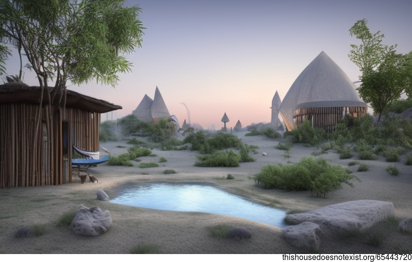 Tribal House Exterior with Hanging Plants and Steaming Hot Spring