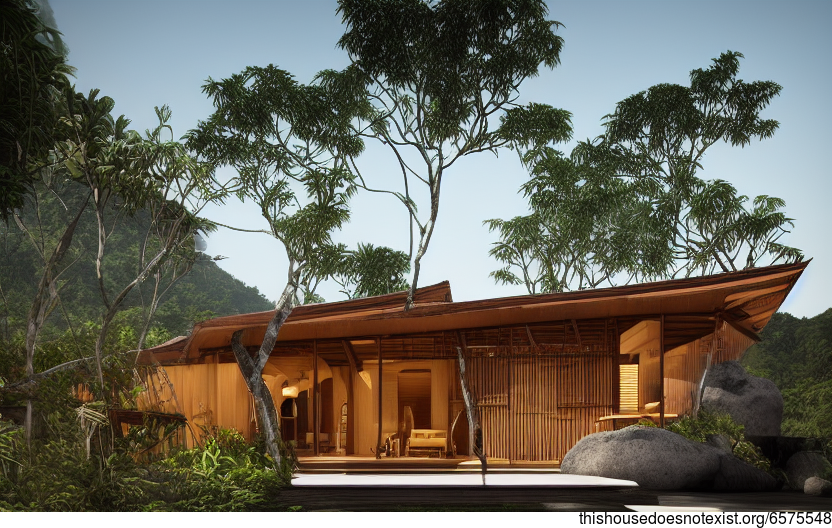 Bali-Inspired House With Exposed Wood and Curved Bamboo Rocks
