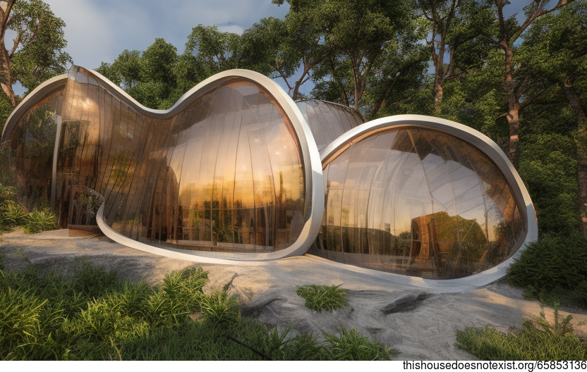 Eco-friendly maximalist house with exposed curved glass, rocks, bejuca wood and view of Chicago, United States in the background