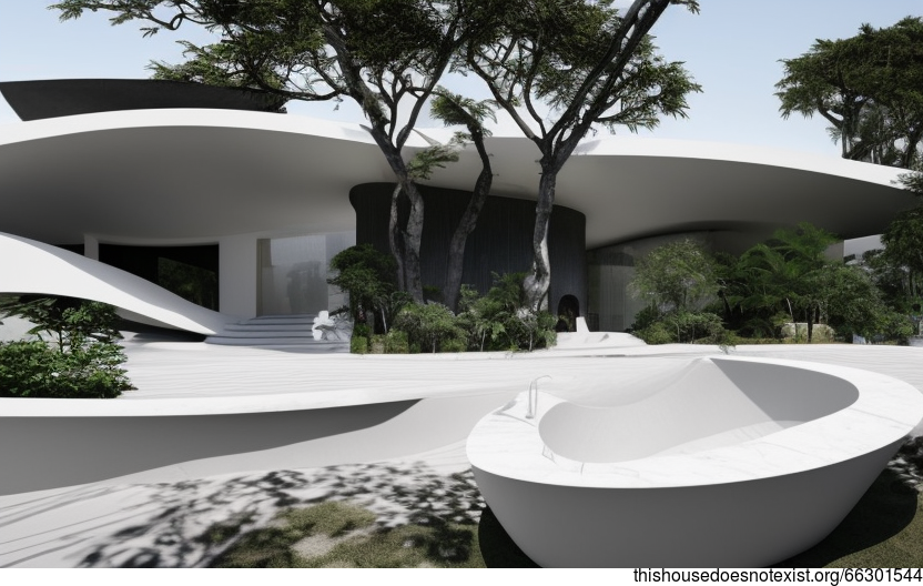 A modern architecture home in Shenzhen, China with beautiful hanging plants and a steaming hot jacuzzi with a view of the city in the background