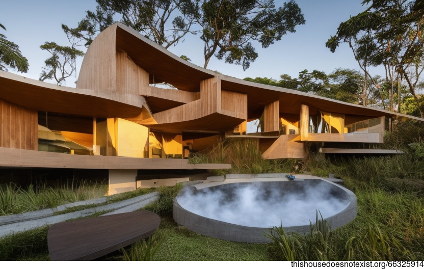 A Modern Architecture Home With Exposed Curved Wood and a Steaming Hot Spring