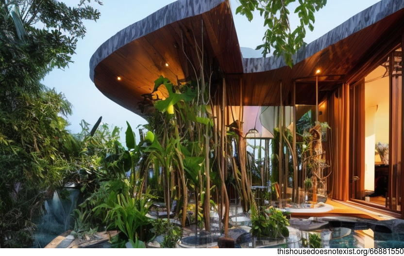 Eco-friendly maximalist house with plants and steaming hot jacuzzi