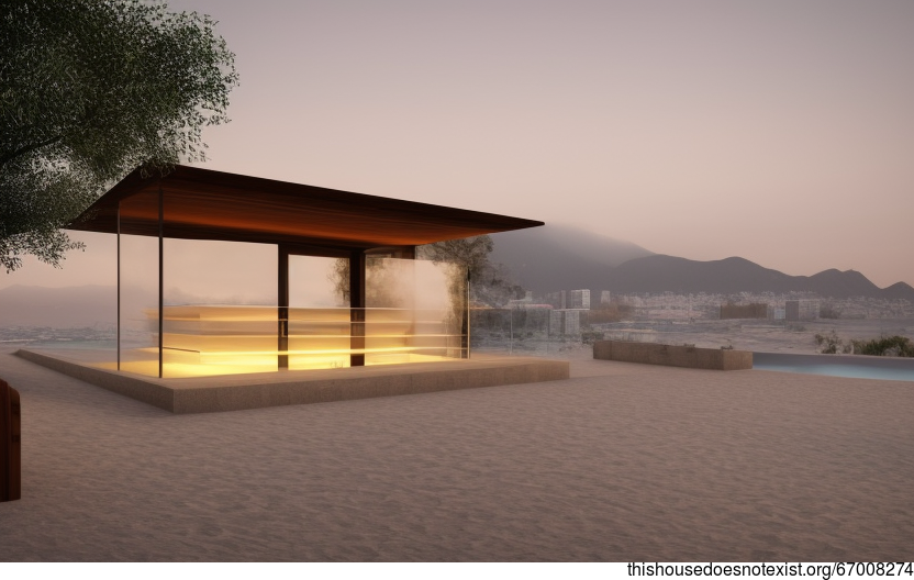 Eco-friendly minimalist house exterior with steaming hot spring and view of Beijing, China in the background