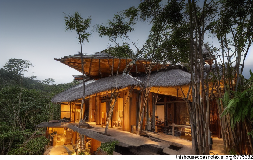 A modern home that blends wood, stone, and bamboo to create a unique and beautiful exterior