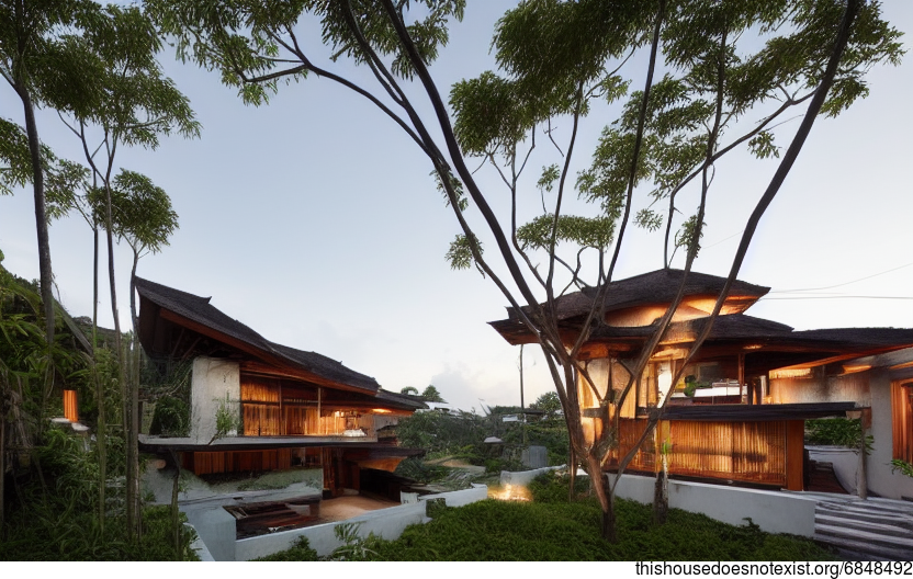 Bali-Inspired Curved Wood and Stone House Exterior