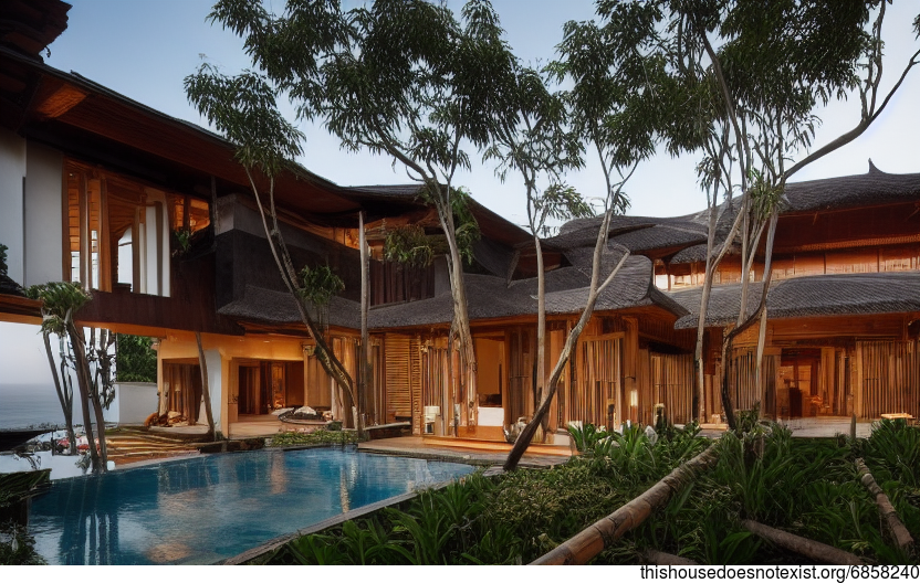 A modern architecture home with wood and stone exterior, designed in the Balinese style