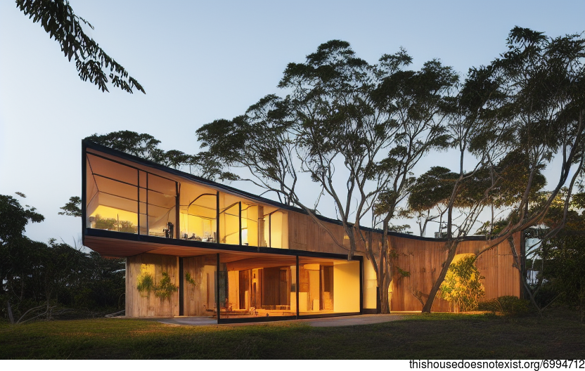 A modern architecture home in Florianopolis, Brazil with an exposed wood exterior and curved bamboo part