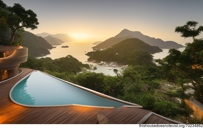 Tribal House Exterior with Hanging Plants and Infinity Pool