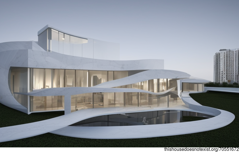 Eco-friendly modern house with exposed curved glass, white marble, and bamboo exterior 2pm Madrid, Spain with view of Madrid in background