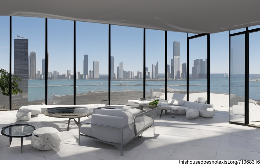 Welcome to my modern architecture home in Chicago, United States! This beautiful exterior was designed with modern elements like glass and stone, and features a stunning view of the beach