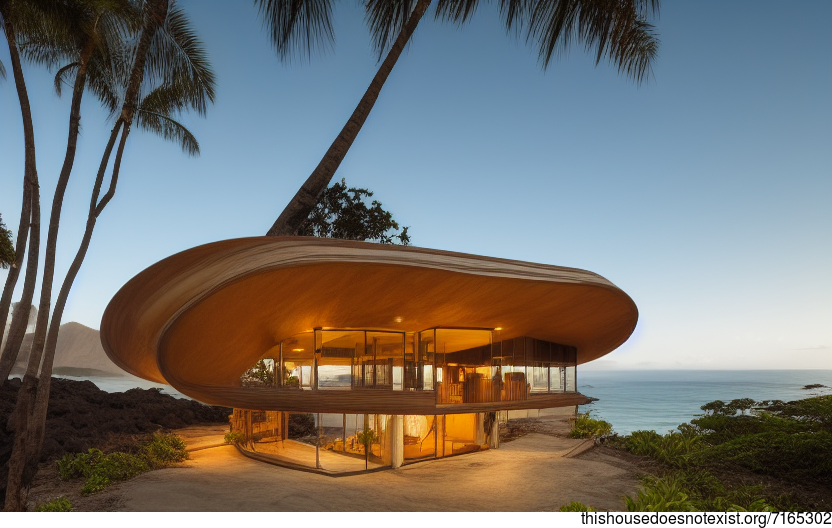 A modern architecture home in Hawaii designed to showcase wood, stone, and bamboo elements with a curved exterior