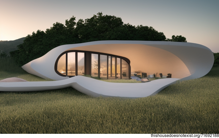 Eco-friendly minimalist house with curved bejuca wood exterior and stunning sunset view in Vienna, Austria