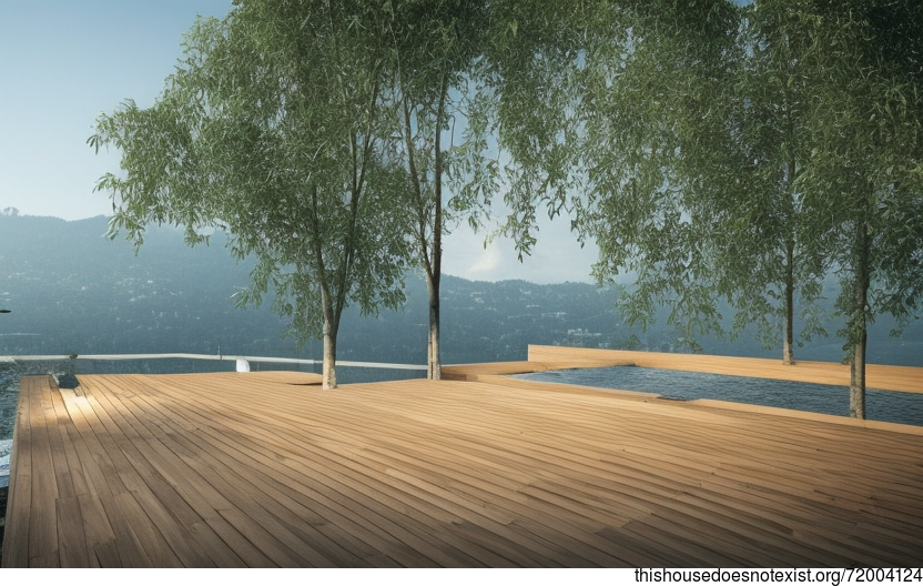 Eco-Friendly, Minimalist Garden Exterior with Exposed Rectangular Bamboo, Timber, and Steaming Hot Spring Outside Zurich, Switzerland