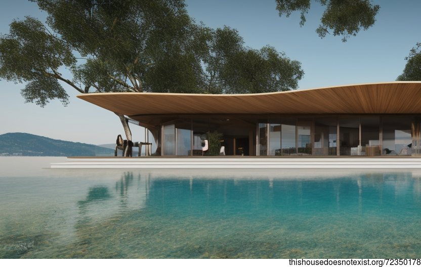 A Modern Beach House in Vienna, Austria with an Exposed Curved Timber and Bamboo Exterior, Fireplace, and Infinity Pool