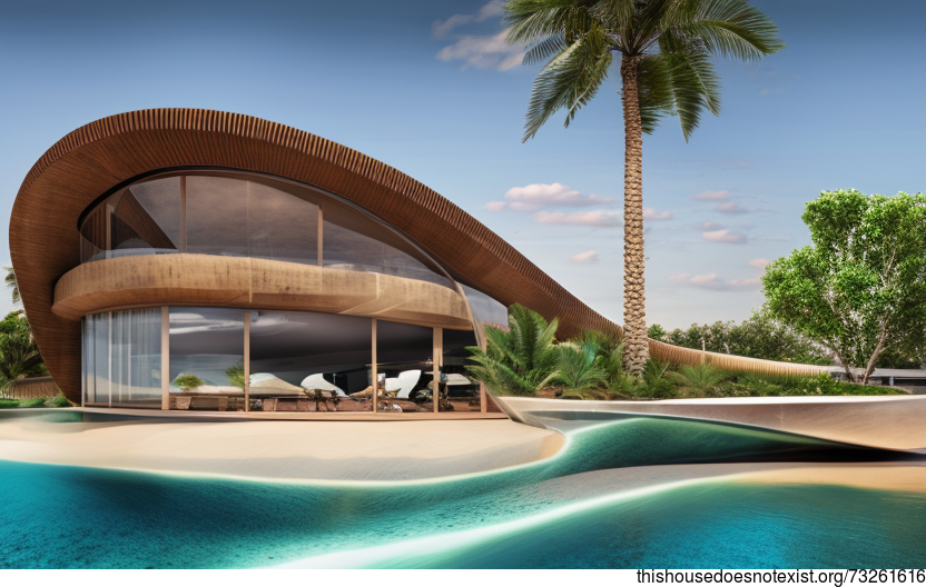 A Modern Dubai Beach House with Exposed Curved Glass, Bejuca Wood, and a Steamy Hot Spring