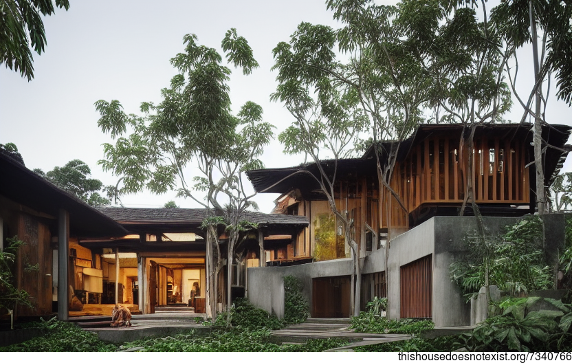 A modern architecture home with wood, stone, and bamboo elements designed to stand up to the elements