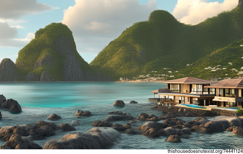 A Modern Beach House in Manila, Philippines with Exposed Curved Rocks and a View of Manila in the Background